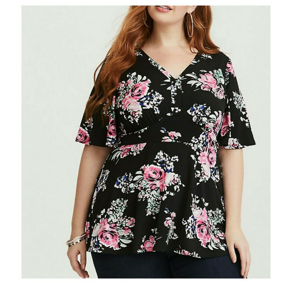 Torrid Peplum Top Black Floral Jersey 1X - Picture 3 of 5